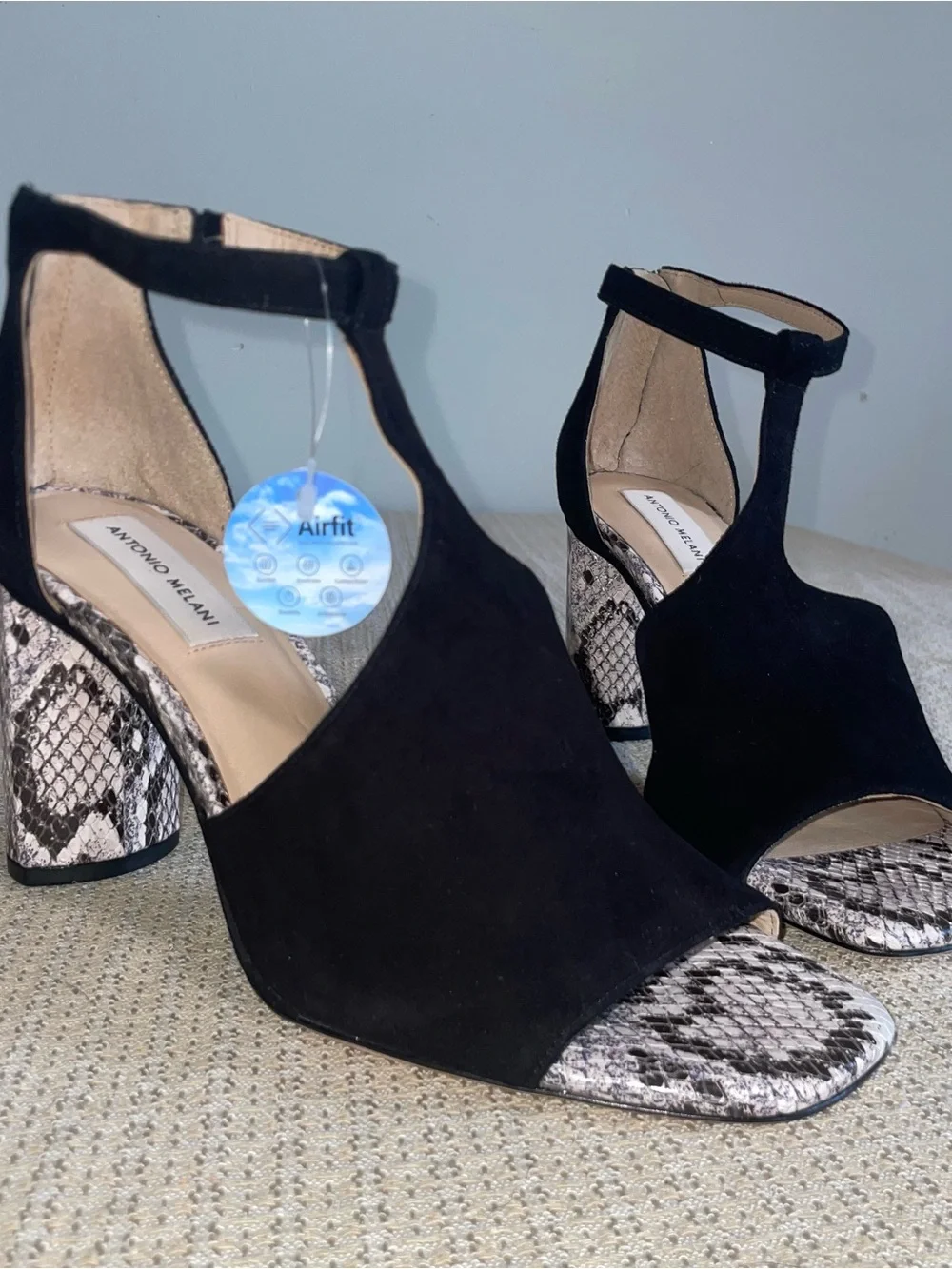 ANTONIO MELANI Black Suede Open-Toe Heels with Snake-Print Block Heel